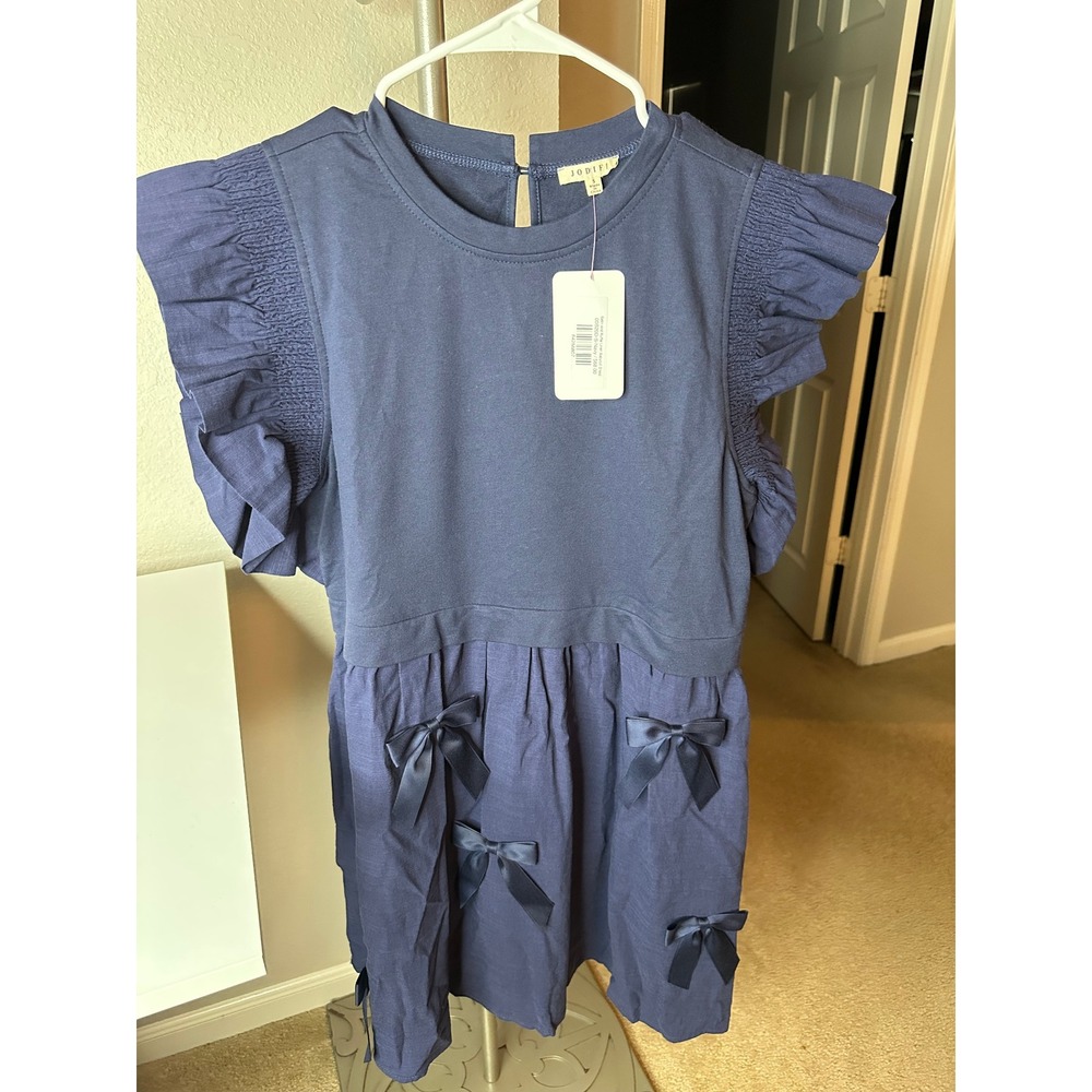 Jodifi Babydoll Dress‎ Womens Small Navy New Satin Bow Ruffle Linen Mini Dress